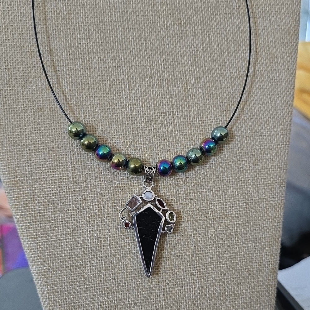 Iridescent hematite Blue and Green Artistic Pendant Necklace NWOT - Picture 6 of 6